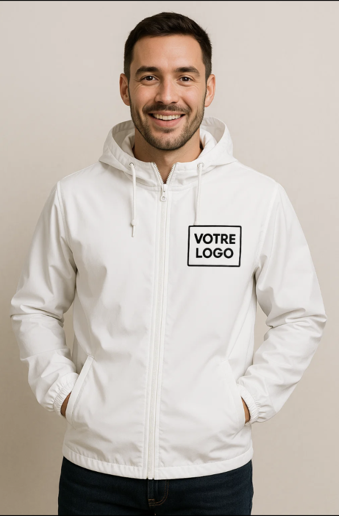 un homme portant une veste coupe-vent blanche avec inscrit "votre logo" pour la personnalisation